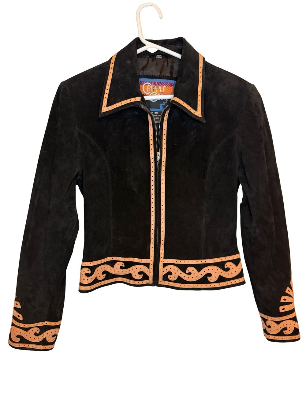 Cripple Creek Black Suede Leather Jacket XS Western Tooled Trim Southwestern Y2K - Picture 2 of 8
